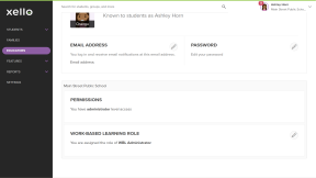 Educator profile page scrolled down to the Permissions section. This person has a Work-based learning role of WBL Administrator